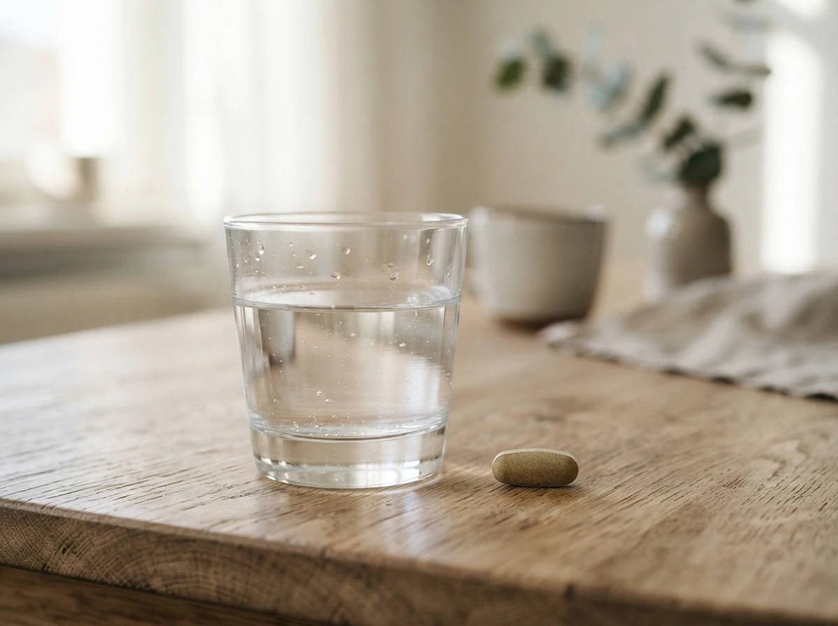 Ett glas vatten och Mirova-kapsel på ett ljust bord